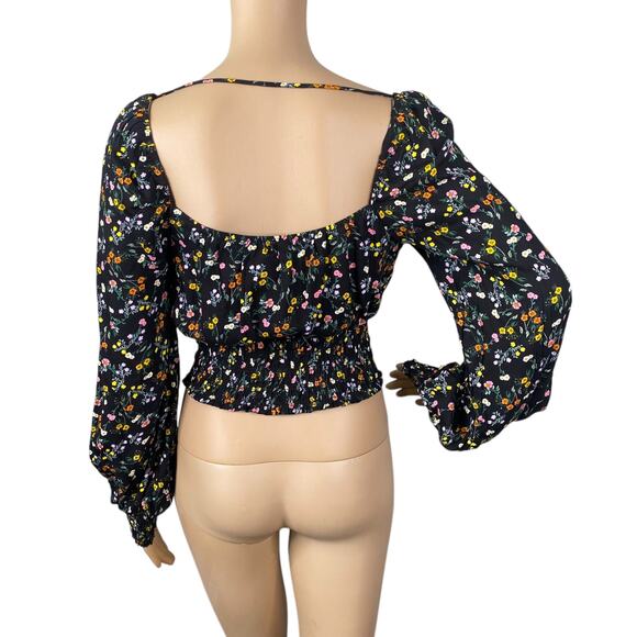 Revolve AFRM Soph Black Ditsy Floral Smocked Peasant Crop Top SZ S - Picture 8 of 14